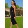 Tek Omuz Midi Boy Örme Abiye Elbise Cut Out Detaylı Polyester Dayanıklı Malzeme Uzun Ömürlü