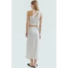 Tül Detaylı Örme Bluz Asimetrik Yaka Crop Kesim Yazlık Konforlu