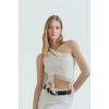 Tül Detaylı Örme Bluz Asimetrik Yaka Crop Kesim Yazlık Konforlu