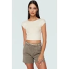 Viskon Ribana Kadın Crop Bluz Ay Kol Bisiklet Yaka Fitted Günlük Özenle Seçilmiş Seçkin Malzeme
