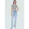 Viskoz Polyester Karışımlı Çizgili Crop Bluz Fitted Kalıp Kısa Kol Rahat Kullanım