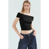 Viskoz Ribana Carmen Yaka Kısa Kollu Fitted Bluz Rahat Kullanım Özel Tasarım Premium Kalite