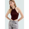 Viskoz Ribana Crop Bluz Halter Yaka Fitted Günlük Stil Profesyonel Görünüm Konforlu Kesim