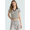 Viskoz Ribana Örme Bluz Crop Polo Yaka Fitted Rahat Kullanım Premium Kalite Modern Stil