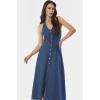 Volanlı Etekli Denim Halter Yaka Maxi Elbise 139cm Pamuk Rahat Ve Şık Profesyonel Görünüm