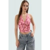Vücuda Oturan Boyundan Bağlamalı Crop Bluz Polyester Elastan Sandy Dokuma Yüksek Kalite