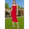 Vücudu Saran Şık Midi Boy Askılı Polyester Örme Elbise Özel Tasarım Seçkin Malzeme Yüksek Kalite