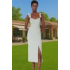 Vücut Hatlarını Vurgulayan Fırfırlı Midi Boy Dokuma Elbise Konforlu Kesim Modern Stil Premium Kalite