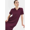 Yazlık Bürümcük Dokulu Midi Elbise Nefes Alan Polyester Kumaş Polo Yaka Kısa Kollu