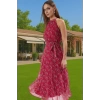Yazlık Çiçekli A Kesim Bel Kuşaklı Midi Dokuma Elbise Modern Stil Özenle Seçilmiş Seçkin Malzeme