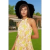 Yazlık Çiçekli A Kesim Bel Kuşaklı Midi Dokuma Elbise Modern Stil Özenle Seçilmiş Seçkin Malzeme