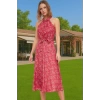 Yazlık Çiçekli A Kesim Bel Kuşaklı Midi Dokuma Elbise Modern Stil Özenle Seçilmiş Seçkin Malzeme