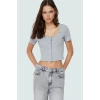 Yazlık Crop Bluz 96%Polyester 4%Elastan Havuz Yaka Fitted Kalıp Mükemmel Uyum
