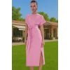 Yazlık Kadın Pamuk Midi Elbise Bodycon Kalıp Bağcıklı Tasarım Modern Stil Profesyonel Görünüm