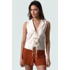 Yazlık Keten Görünümlü Kolsuz Bluz Regular Kalıp Önü Bağcıklı Modern Stil Özenle Seçilmiş