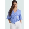 Yazlık Kısa Kol Çizgili Terrycotton Bluz V Yaka Casual Modern Stil Yüksek Kalite Uzun Ömürlü