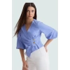 Yazlık Kısa Kol Çizgili Terrycotton Bluz V Yaka Casual Modern Stil Yüksek Kalite Uzun Ömürlü