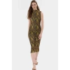 Yazlık Kolsuz Bodycon Kalem Elbise Dik Yaka Leopar Desenli Midi Boy Polyester Zarifane Tasarım