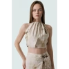 Yazlık Şık Crop Bluz Halter Yaka Keten Görünümlü Regular Kalıp 100% Polyester Uzun Ömürlü
