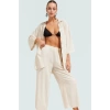 Yazlık Viskoz Polyester Dokuma Uzun Gömlek Pantolon Takım Rahat Plaj Stili Şık Görünüm