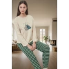 Yumuşak Pamuklu Kadın Pijama Takımı Çizgili Yılbaşı Temalı Boru Paça Modern Stil Uzun Ömürlü