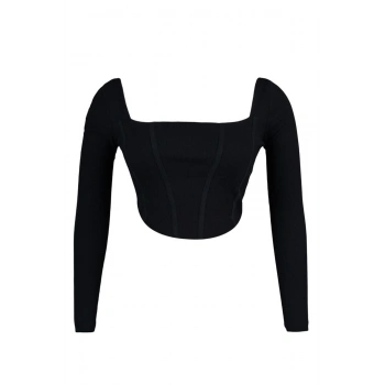 Kadın Moda Şık Büyük Beden Crop Kare Yaka Fitted Kalıp Örme Fittilli Biye Detaylı Bluz