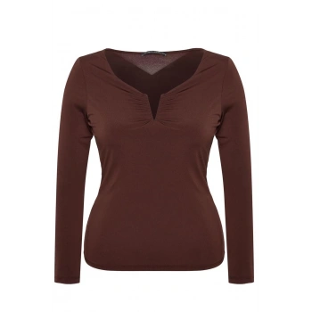 Kadın Moda Şık Büyük Beden Regular V Yaka Fitted Kalıp Örme Sandy Bluz