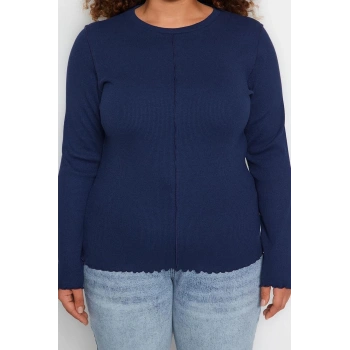 Kadın Moda Şık Büyük Beden Crop Bisiklet Yaka Fitted Kalıp Örme Fitilli Bluz