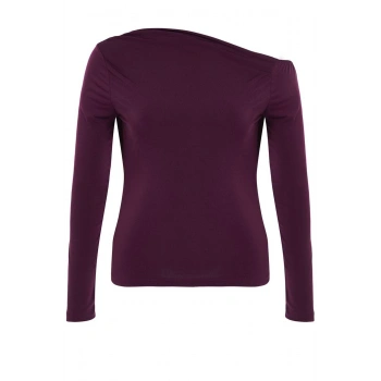 Kadın Moda Şık Büyük Beden Regular Asimetrik Yaka Fitted Kalıp Örme Büzgülü Tek Omuz Bluz