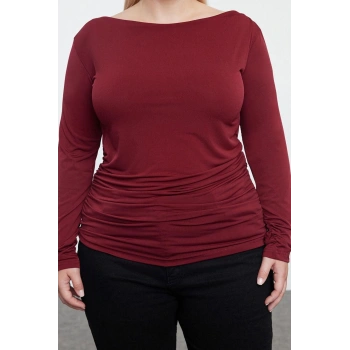 Kadın Moda Şık Büyük Beden Regular Kayık Yaka Fitted Kalıp Örme Sırtı Degaje Bluz