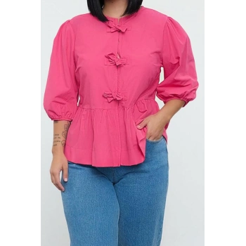 Kadın Moda Şık Büyük Beden Uzun Bisiklet Yaka Regular Kalıp Dokuma Kadın Fiyonklu Bluz