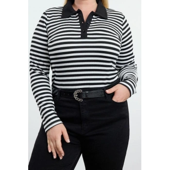 Kadın Moda Şık Büyük Beden Regular Gömlek Yaka Regular Kalıp Örme Çizgili Bluz