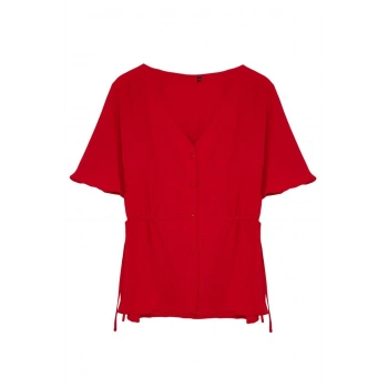 Kadın Moda Şık Büyük Beden Regular V Yaka Regular Kalıp Dokuma Bağlamalı Bluz