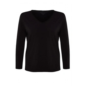 Kadın Moda Şık Büyük Beden Uzun V Yaka Regular Kalıp Örme Boyfriend Yırtmaçlı Bluz