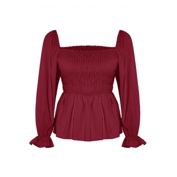 Kadın Moda Şık Büyük Beden Crop Kare Yaka Büzgülü/Fırfırlı Kol Fitted Kalıp Dokuma Gipeli Bluz