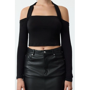 Kadın Moda Şık Üst Giyim Regular Kare Yaka Fitted Kalıp Örme Crop Bluz