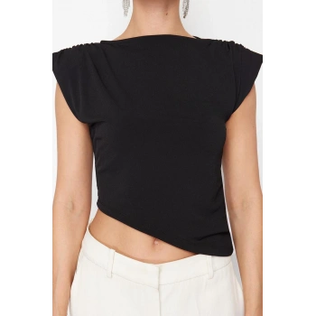 Kadın Moda Şık Üst Giyim Regular Kayık Yaka Fitted Kalıp Örme Asimetrik Vatkalı Bluz