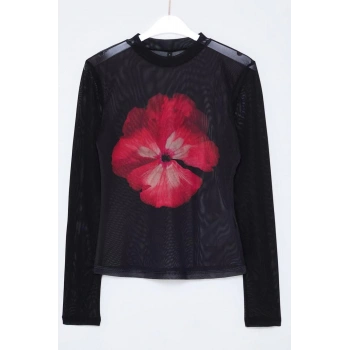 Kadın Şık Regular Dik Yaka Slim Kalıp Örme Siyah Çiçek Baskılı Fitted Vücuda Oturan Tül Esnek Bluz