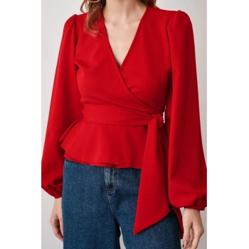 Kadın Moda Şık Üst Giyim Regular Kruvaze Yaka Balon Kol Regular Kalıp Dokuma Bağlama Detaylı Bluz