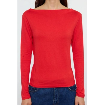 Kadın Şık Regular Kayık Yaka Düşük Kol Slim Kalıp Örme Fitted Vücuda Oturan Kol Viskoz Esnek Bluz