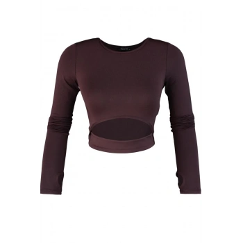 Kadın Crop Bisiklet Yaka Fitted Kalıp Örme Pencere Cut Out ve Baş Parmak Delik Detaylı Spor Üst Bluz