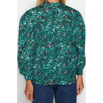 Kadın Moda Şık Üst Giyim Regular Dik Yaka Regular Kalıp Dokuma Desenli Bluz