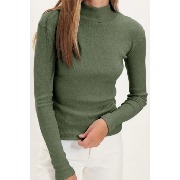 Kadın Moda Şık Regular Dik Yaka Slim Kalıp Örme Fitted Vücuda Oturan Kol Fitilli Esnek Bluz