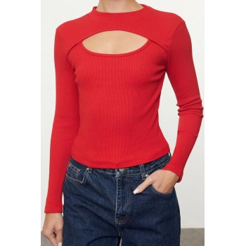 Kadın Moda Şık Crop Bisiklet Yaka Slim Kalıp Örme Cut Out Pencere Detaylı Fitilli Esnek Bluz