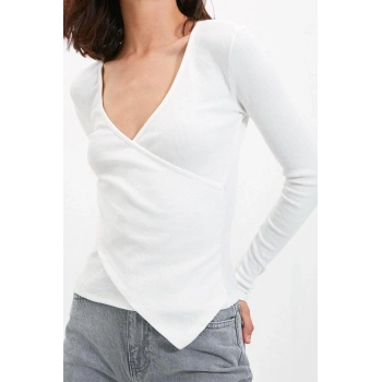 Kadın Moda Şık Regular Kruvaze Yaka Slim Kalıp Örme Fitted Vücuda Oturan Yaka Kol Fitilli Esnek Bluz