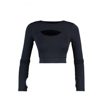 Kadın Crop Bisiklet Yaka Fitted Kalıp Örme Koyu Pencere Cut Out ve Baş Parmak Delik Spor Üst Bluz