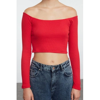 Kadın Şık Super Crop Carmen Yaka Düşük Kol Slim Kalıp Örme Fitted Vücuda Oturan Fitilli Esnek Bluz