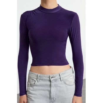 Kadın Moda Şık Crop Dik Yaka Slim Kalıp Örme Kolu Büzgü Detaylı Fitted Vücuda Oturan Esnek Bluz