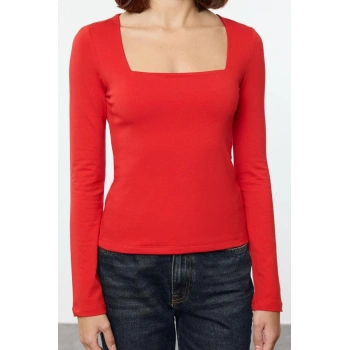 Kadın Moda Şık Üst Giyim Regular Kare Yaka Slim Kalıp Örme Pamuklu Fit Bluz