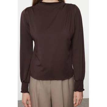 Kadın Moda Şık Üst Giyim Regular Dik Yaka Regular Kalıp Örme Fit Gipe Detaylı Esnek Bluz